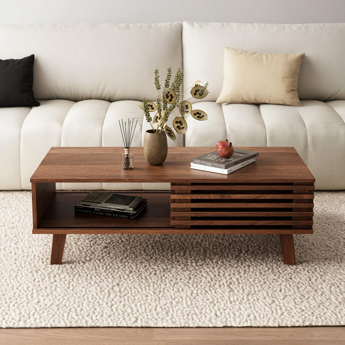 Mid Century Coffee Table with Storage & Sliding Fence Door, Modern Coffee Tables for Living Room