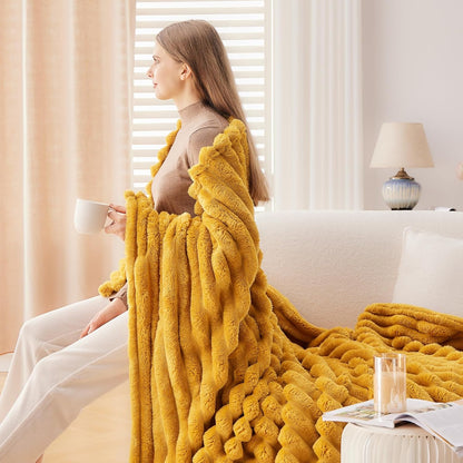 NEWCOSPLAY Super Soft Throw Blanket Mustard Yellow Premium Silky Flannel Fleece 3D Ribbed Jacquard