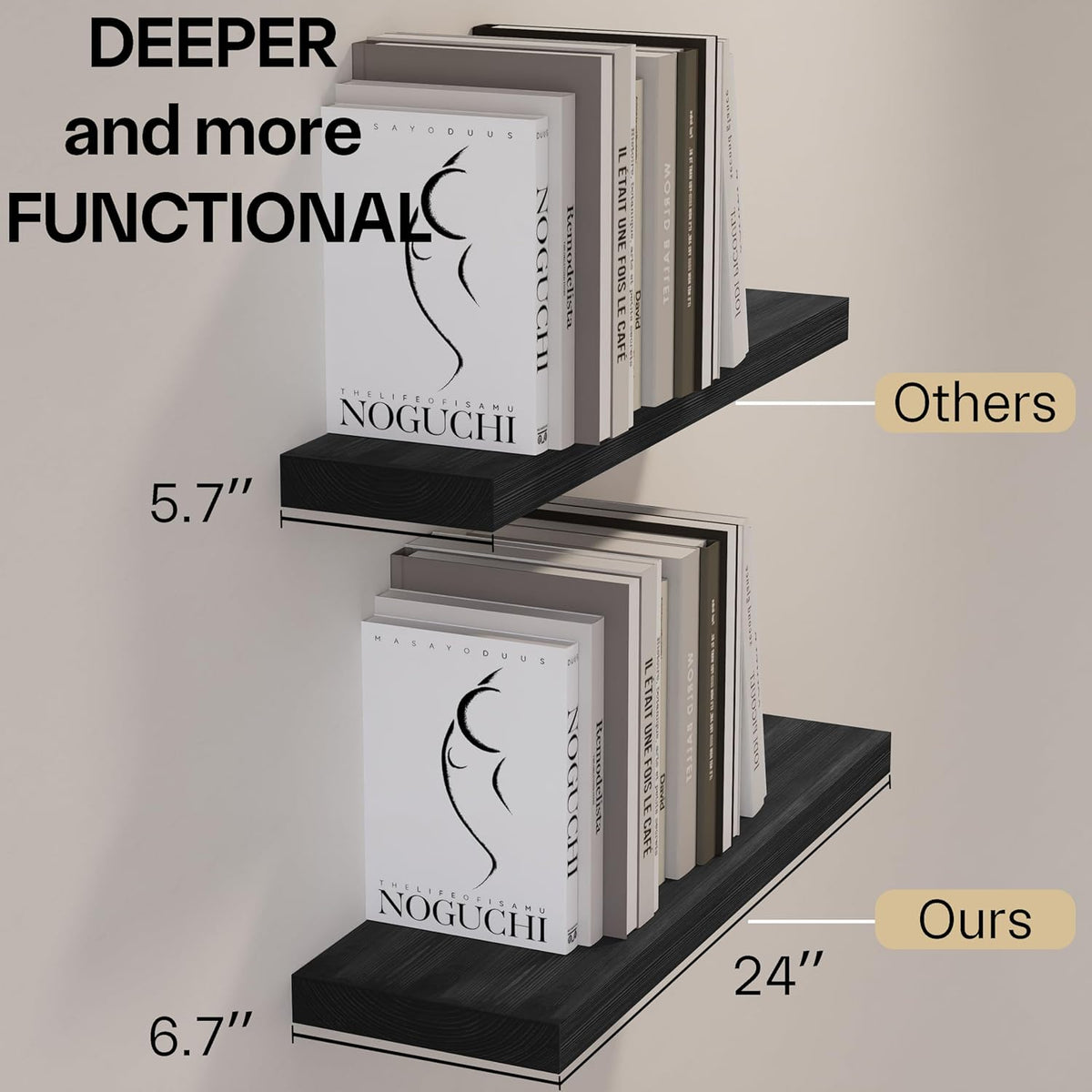 BGMG Wood Floating Shelves 24 inch, Wide Rustic Wooden Wall Shelves for Bathroom Living Room