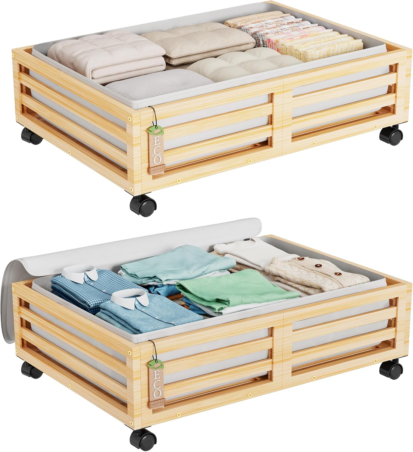 Bamboo Under Bed Storage Containers- Underbed Organizer with Wheels with Large Dust Bag,Sturdy Wood