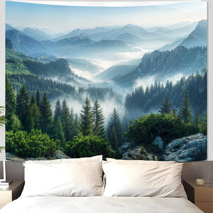 AMM Nature Forest Mountain Tapestry Green Misty Pine Tree Tapestry for Bedroom Aesthetic Foggy