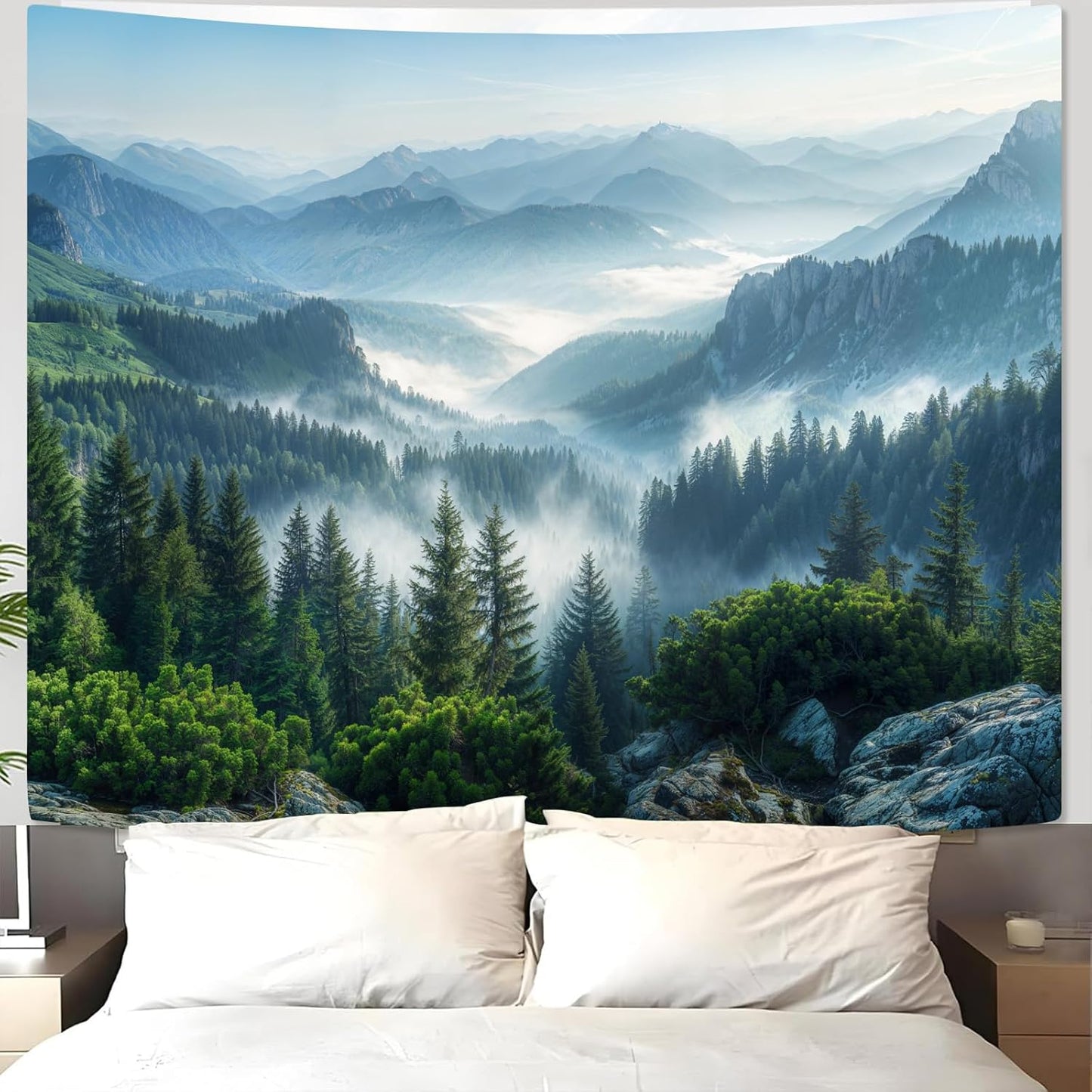 AMM Nature Forest Mountain Tapestry Green Misty Pine Tree Tapestry for Bedroom Aesthetic Foggy