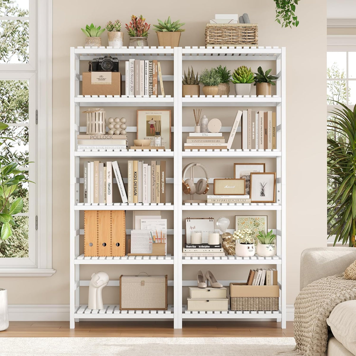 FOTOSOK 6-Tier Bamboo Shelf, Bamboo Bookcase with Adjustable Shelves, Free Standing Storage Shelf