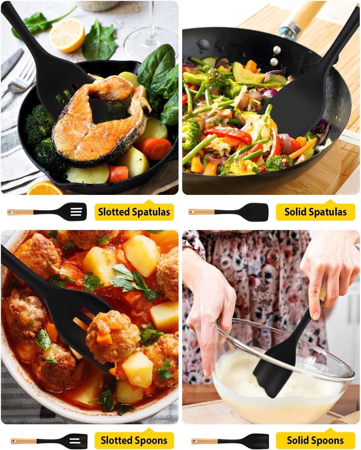 Pack of 4 Silicone Kitchen Utensils Set, Non Stick Solid Spatulas and Heat Resistant Slotted Spoons