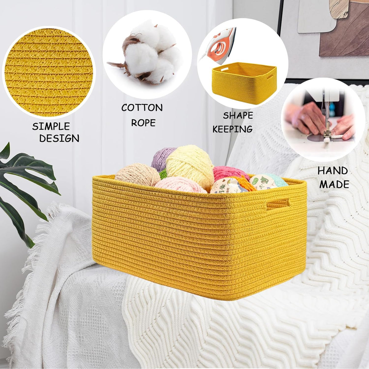 COMFY-HOMI Cotton Rope Woven Basket with Handles for Shelves,Toys,Book, Cloth Storage Baskets for
