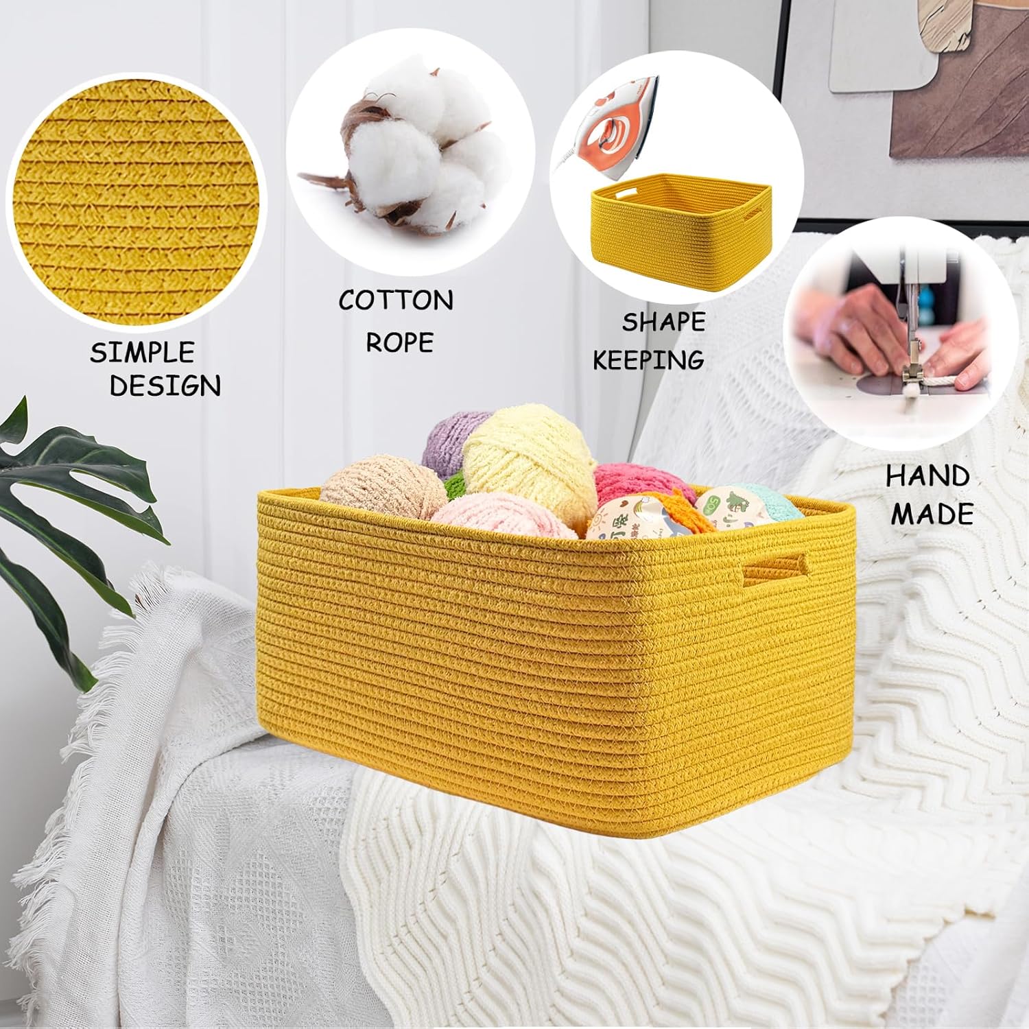 COMFY-HOMI Cotton Rope Woven Basket with Handles for Shelves,Toys,Book, Cloth Storage Baskets for