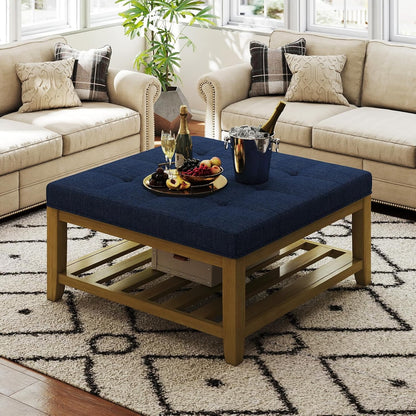 Large Square Ottoman Coffee Table, Linen Solid Upholstered Footrest Ottoman with Solid Wood Shelf