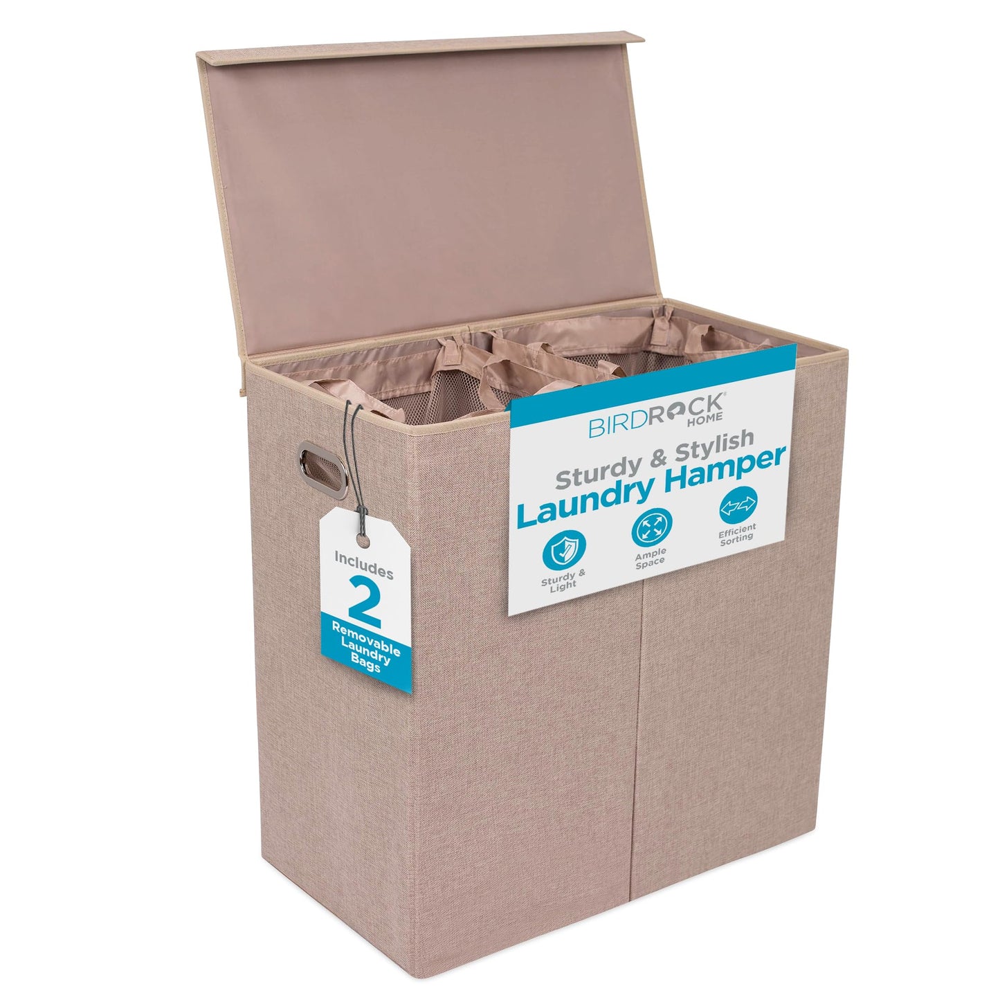 BirdRock Home Double Laundry Hamper with Lid and Removable Liners | Linen | Easily Transport