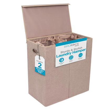 BirdRock Home Double Laundry Hamper with Lid and Removable Liners | Linen | Easily Transport