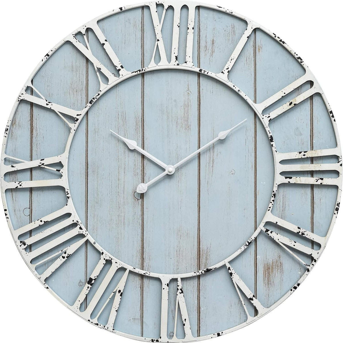 Large Farmhouse Wall Clock 24 Inch Vintage Blue Wooden Wall Clock with Quiet Ticking and Minimalist
