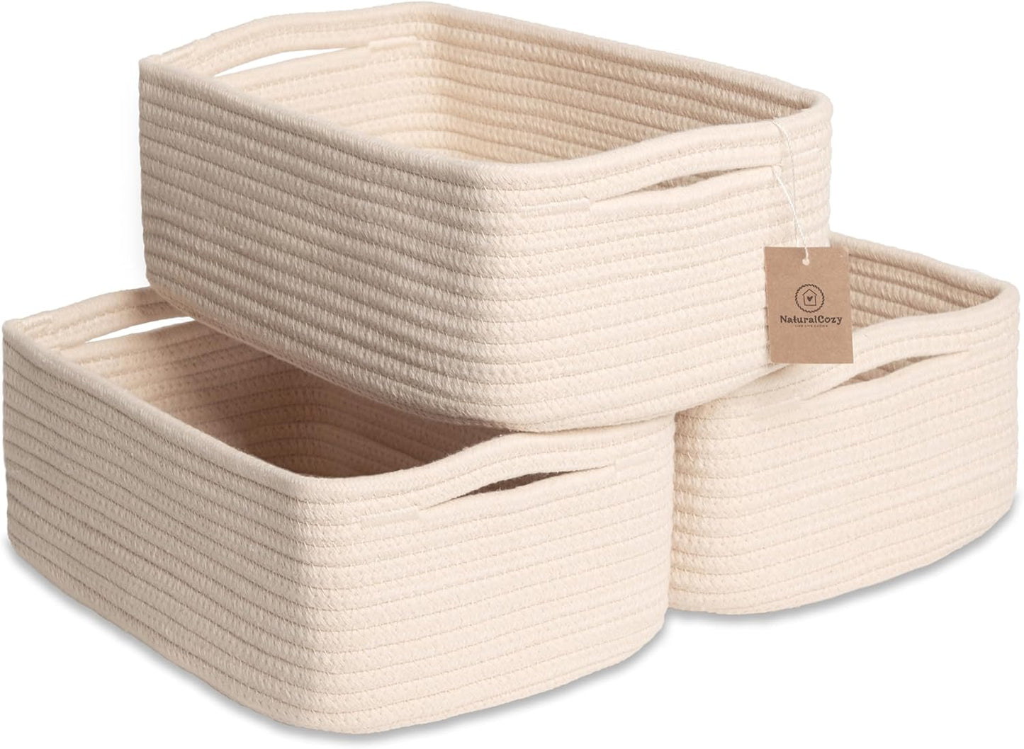 NaturalCozy 11.8"x8"x4.5” Storage Baskets for Shelves 3 Pack | Cotton Rope Woven Small Baskets for