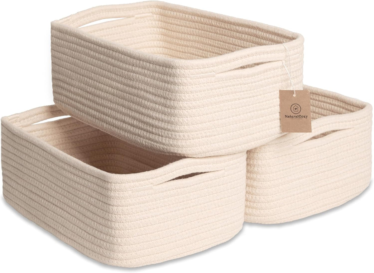 NaturalCozy 11.8"x8"x4.5” Storage Baskets for Shelves 3 Pack | Cotton Rope Woven Small Baskets for