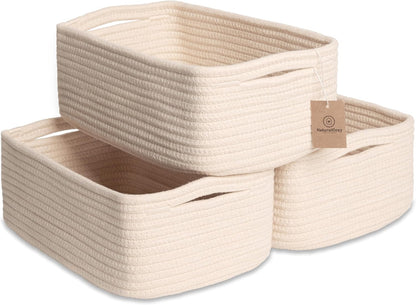NaturalCozy 11.8"x8"x4.5” Storage Baskets for Shelves 3 Pack | Cotton Rope Woven Small Baskets for