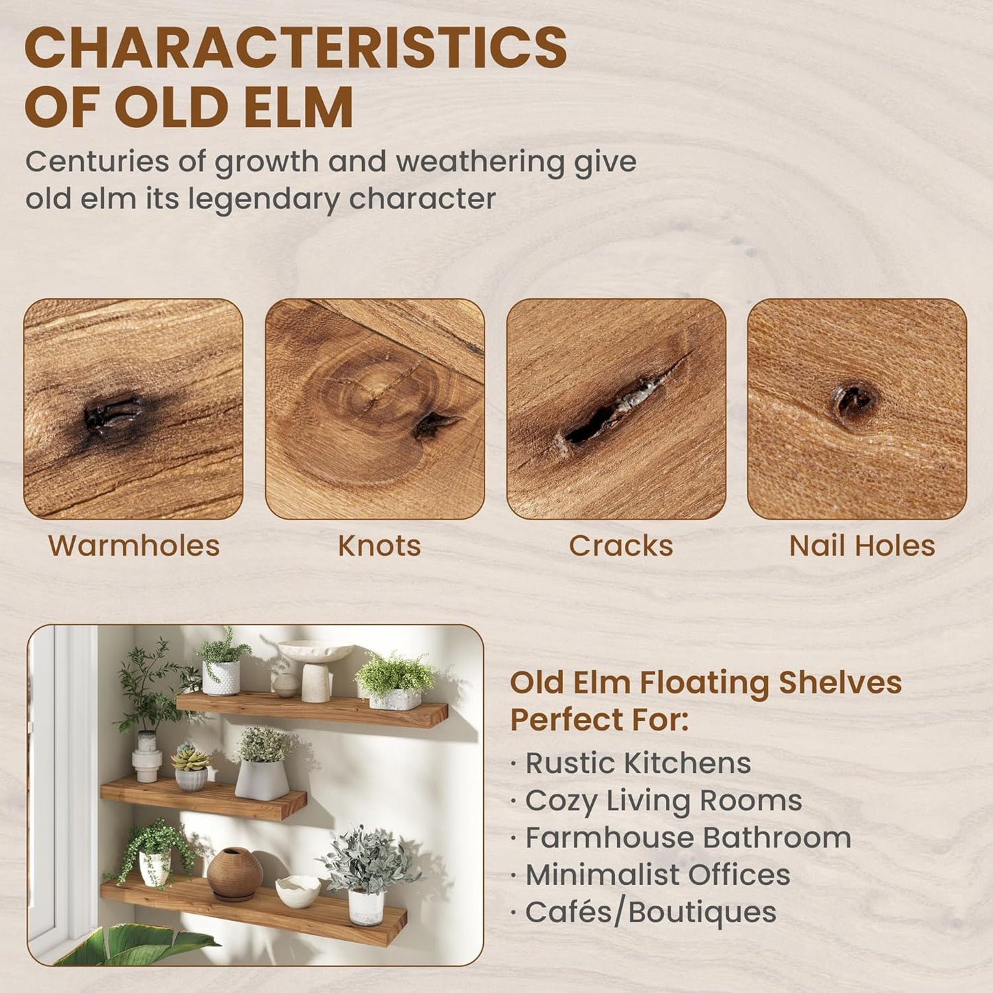 72" Floating Shelves for Wall, Rustic Elm Wood Floating Shelf for Home Decor, Wall-Mounted Display