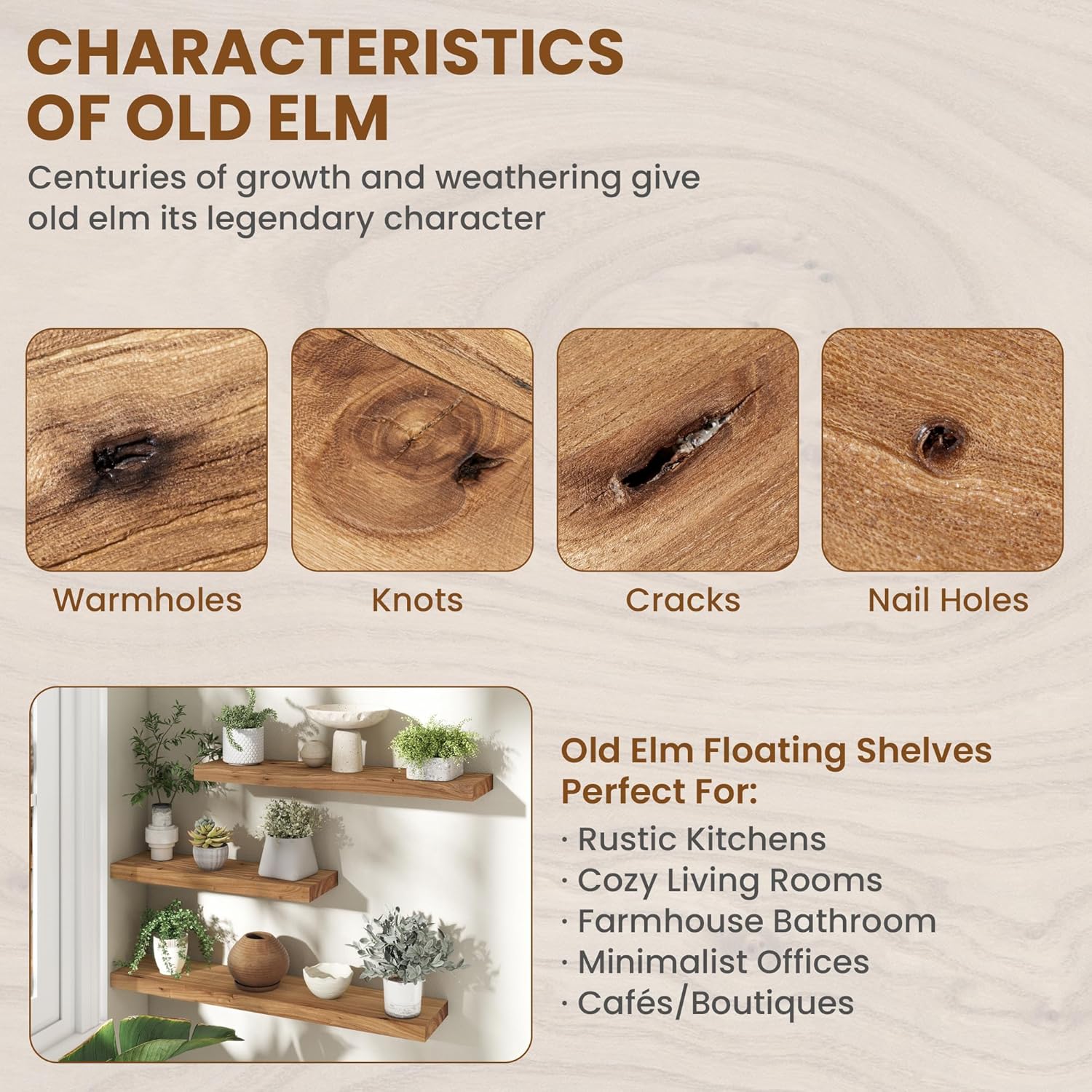 72" Floating Shelves for Wall, Rustic Elm Wood Floating Shelf for Home Decor, Wall-Mounted Display