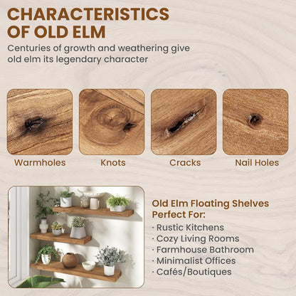 72" Floating Shelves for Wall, Rustic Elm Wood Floating Shelf for Home Decor, Wall-Mounted Display
