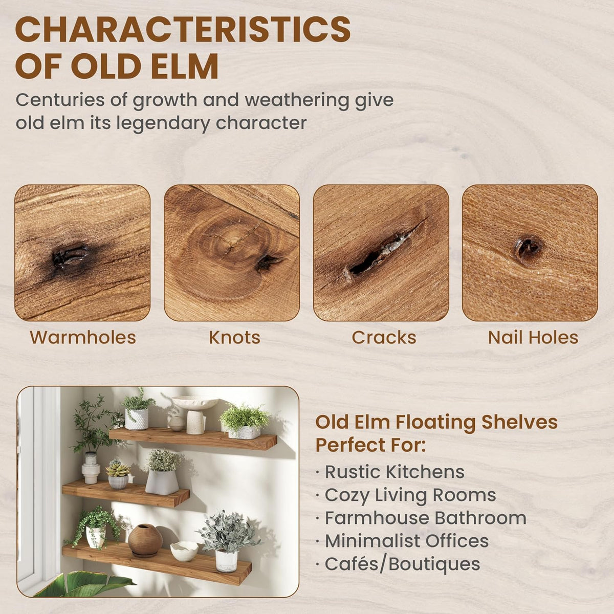 Rustic 30" Floating Shelves, Real Elm Wood Floating Shelf for Wall, Heavy-Duty Wall Shelves for