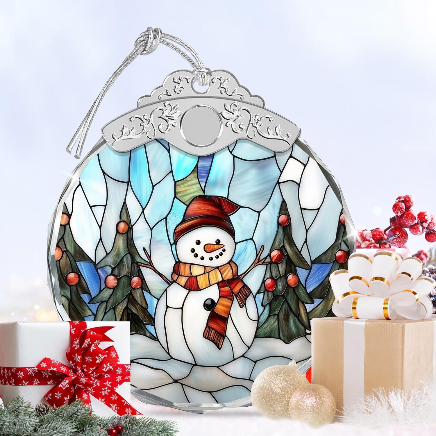Stained Glass Ornament - Snowman Christmas Ornaments - Xmas Decor - Ornaments for Christmas Tree