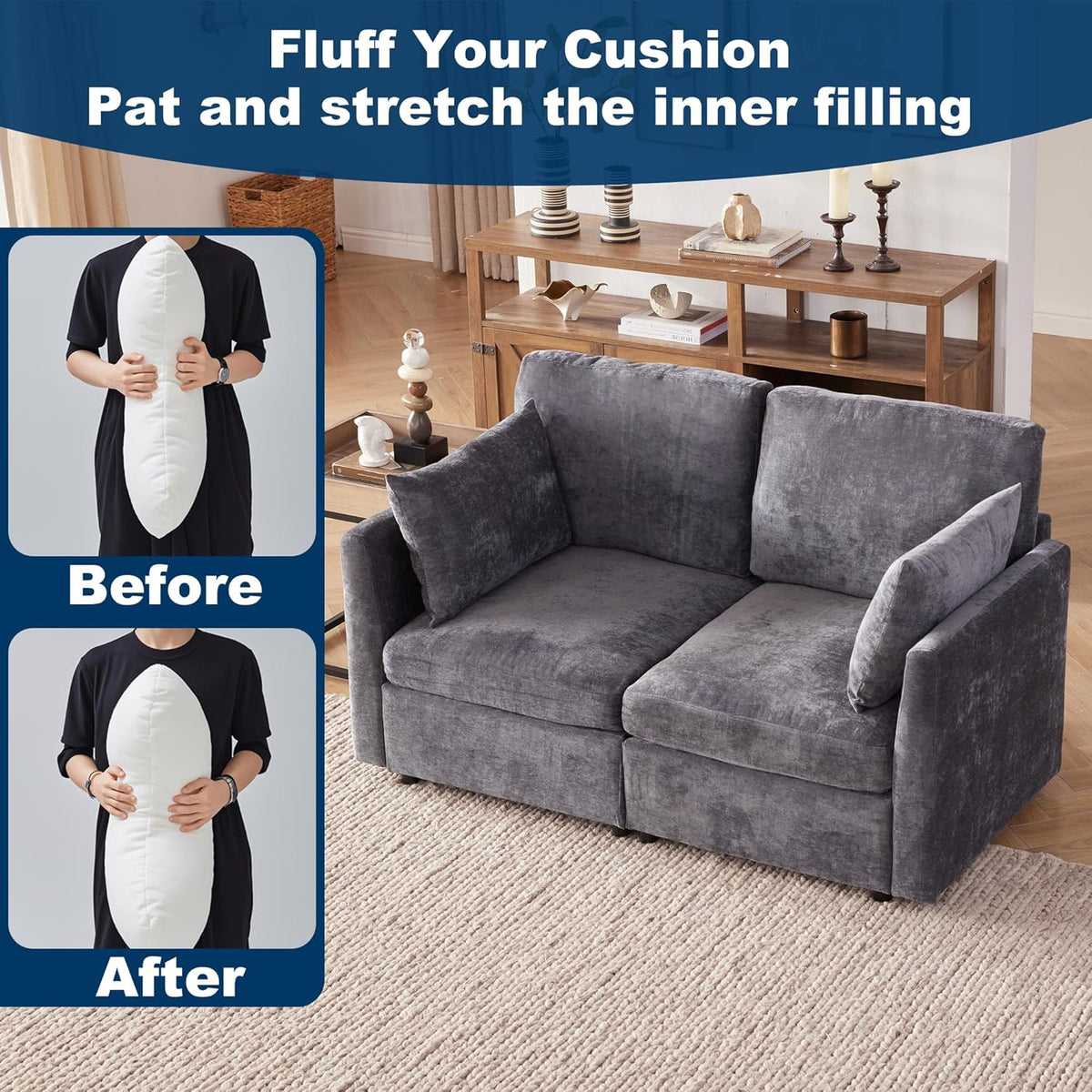 Tbfit 59" Loveseat Sofa, Chenille Small Sofa Couch, Love Seat with 2 Pillows for Small Space
