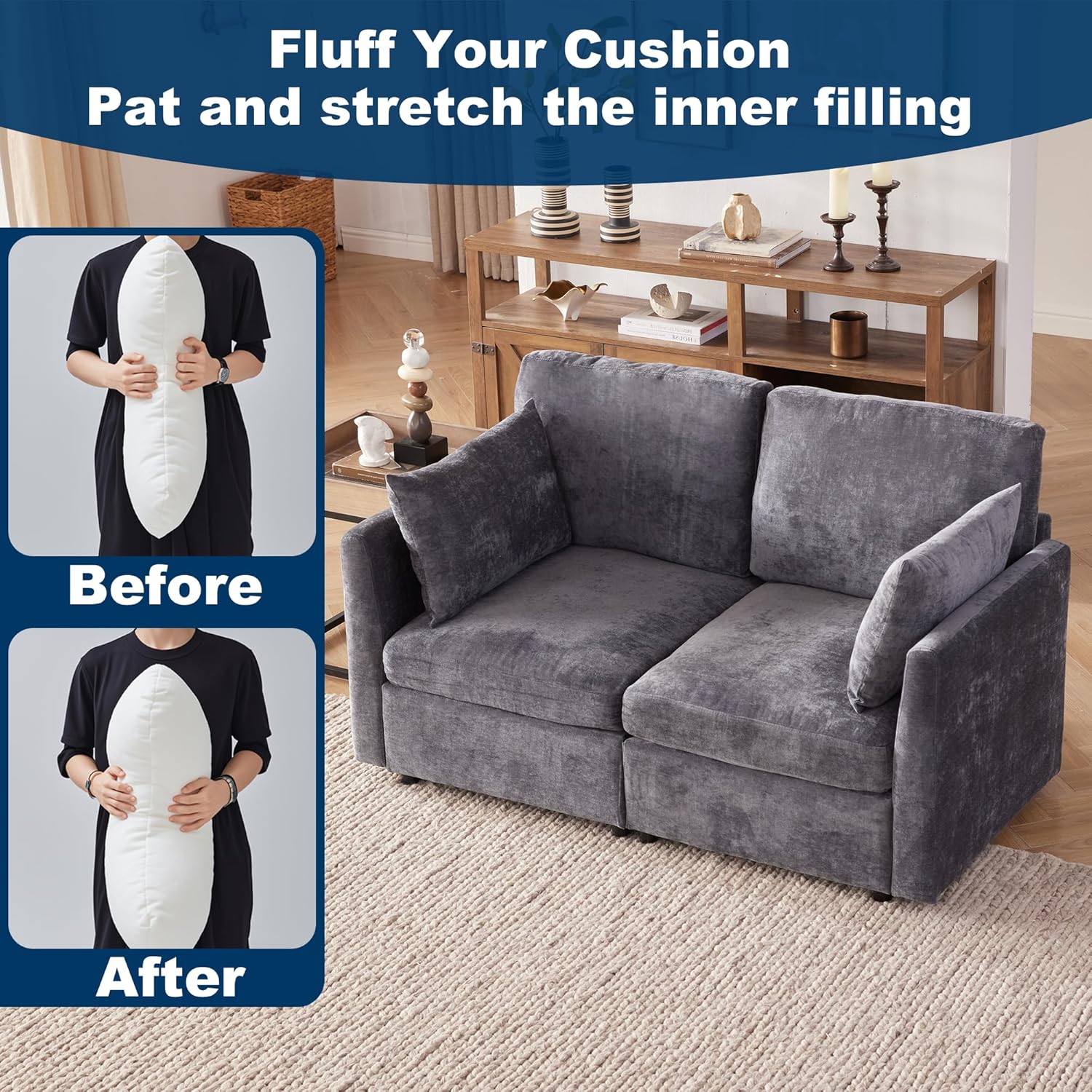 Tbfit 59" Loveseat Sofa, Chenille Small Sofa Couch, Love Seat with 2 Pillows for Small Space