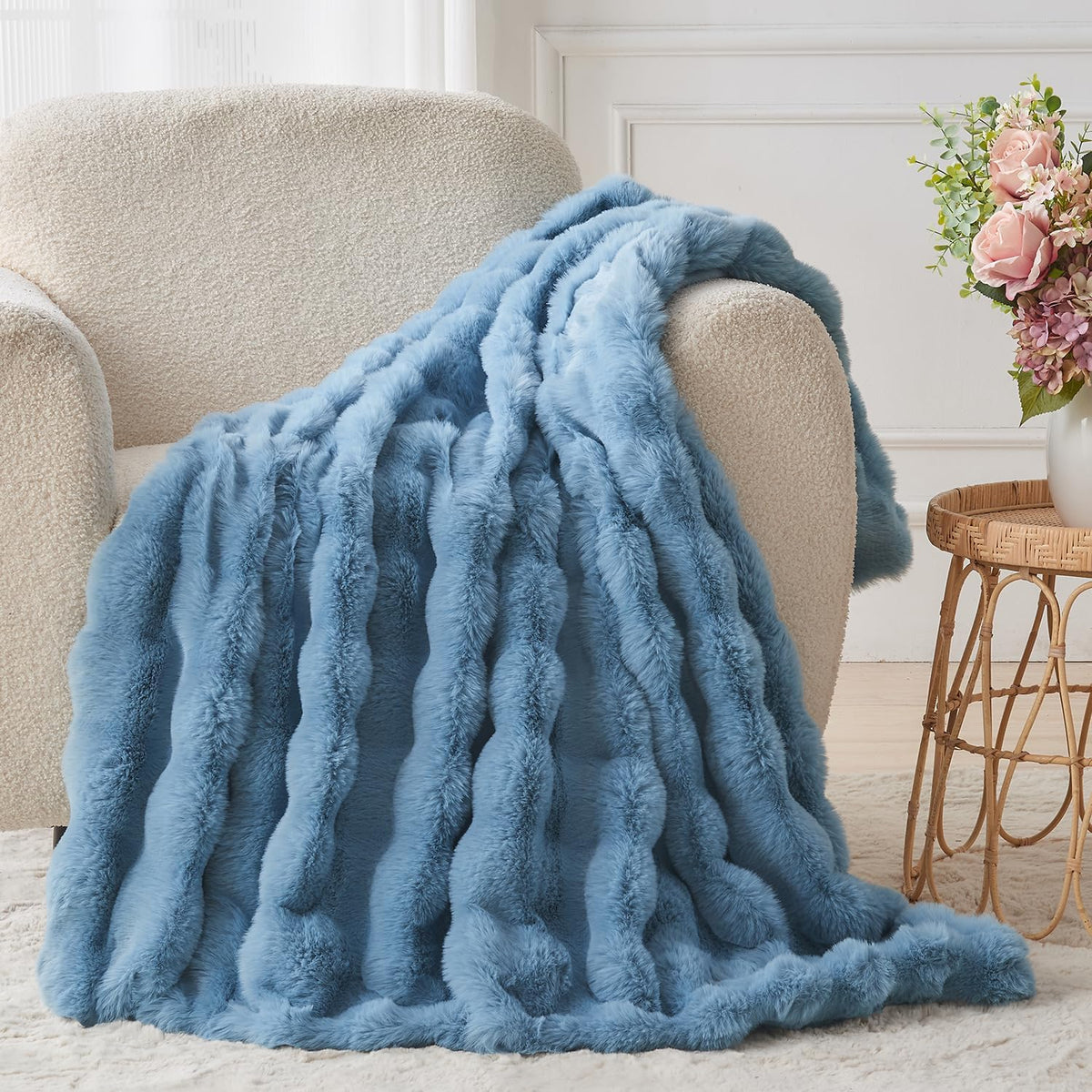 Lotus Karen Faux Fur Throw Blanket Sky Blue - Big Bubble Rabbit Fluff Blanket for Couch Bed
