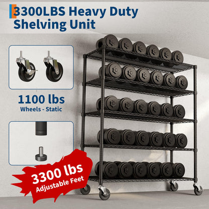Garvee Storage Shelves, 5-Tier Metal Shelving Units with Wheels, 73" H x 59" W x 17.1" D, 3300 LBS