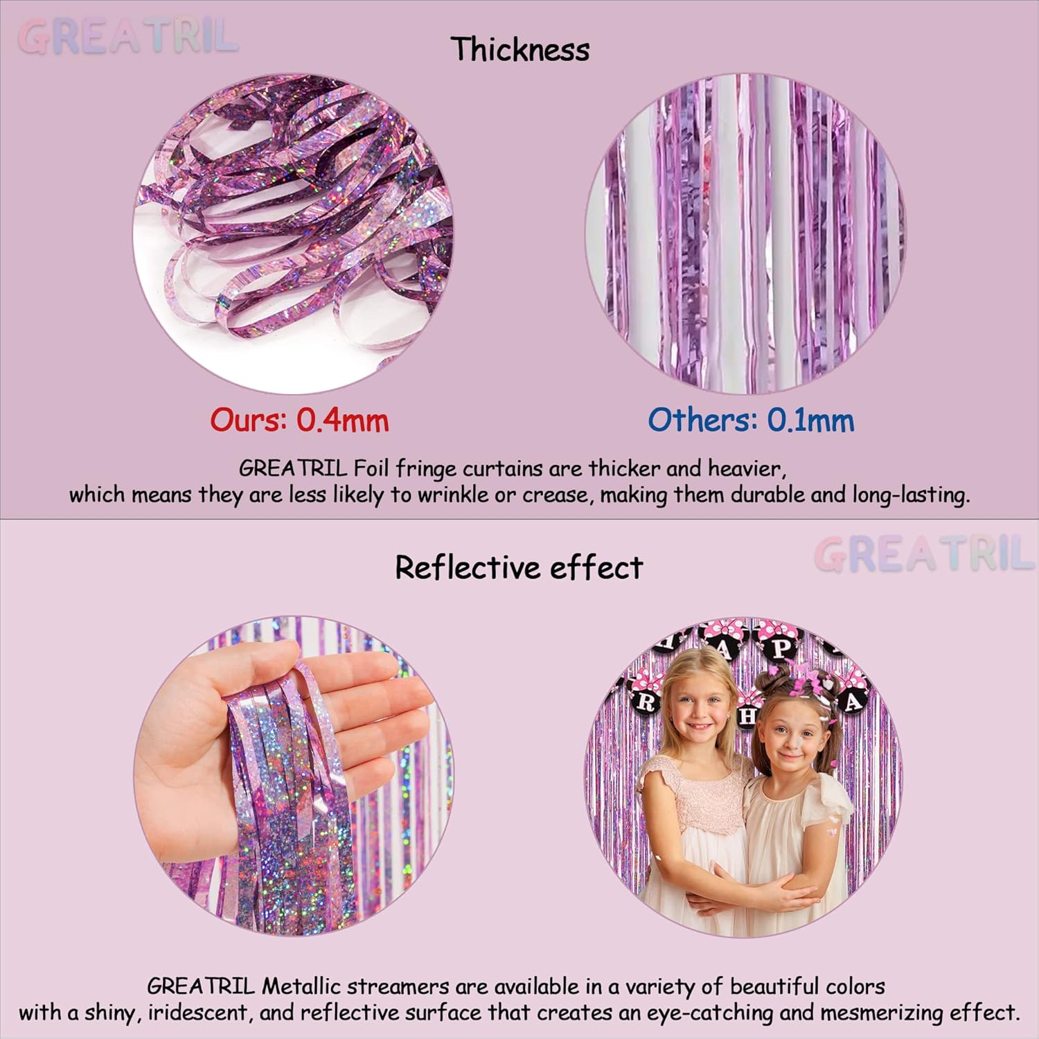 Pink Tinsel Curtain Party Backdrop - GREATRIL Foil Fringe Curtain Lilac Pink Party Streamers for