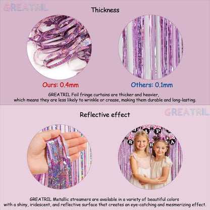 Pink Tinsel Curtain Party Backdrop - GREATRIL Foil Fringe Curtain Lilac Pink Party Streamers for