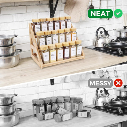 3-Tier Natural Bamboo Spice Rack Organizer - for Kitchen Cabinets, Countertops & Pantries