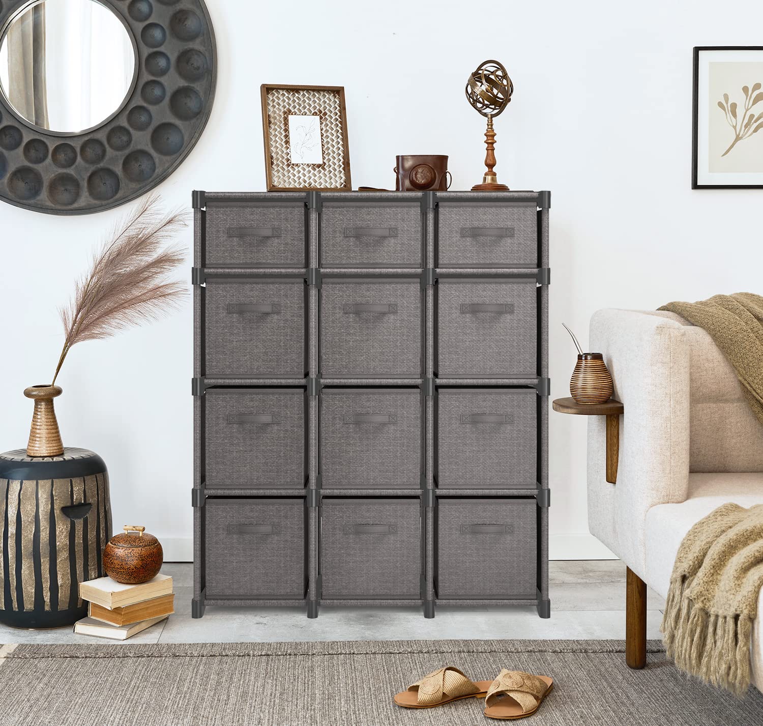 12 Cube Storage Organizer, Gray Storage Cubes Organizer Shelves, Sturdy Cubbies Storage Shelves