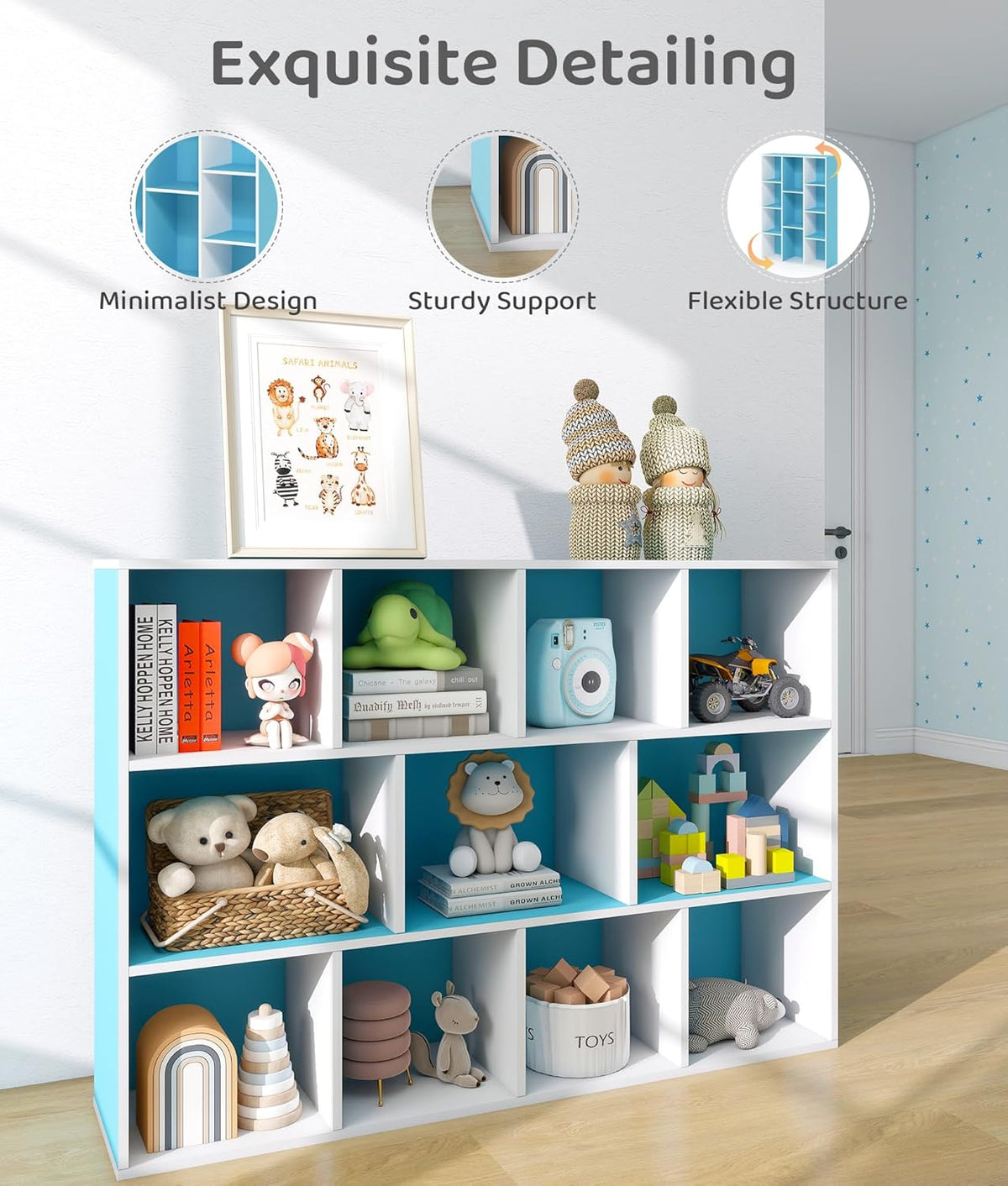 11-Cube Blue Kids Bookshelf and Toy Organizer – Wooden Storage Shelf for Boys Bedroom, Open Cube