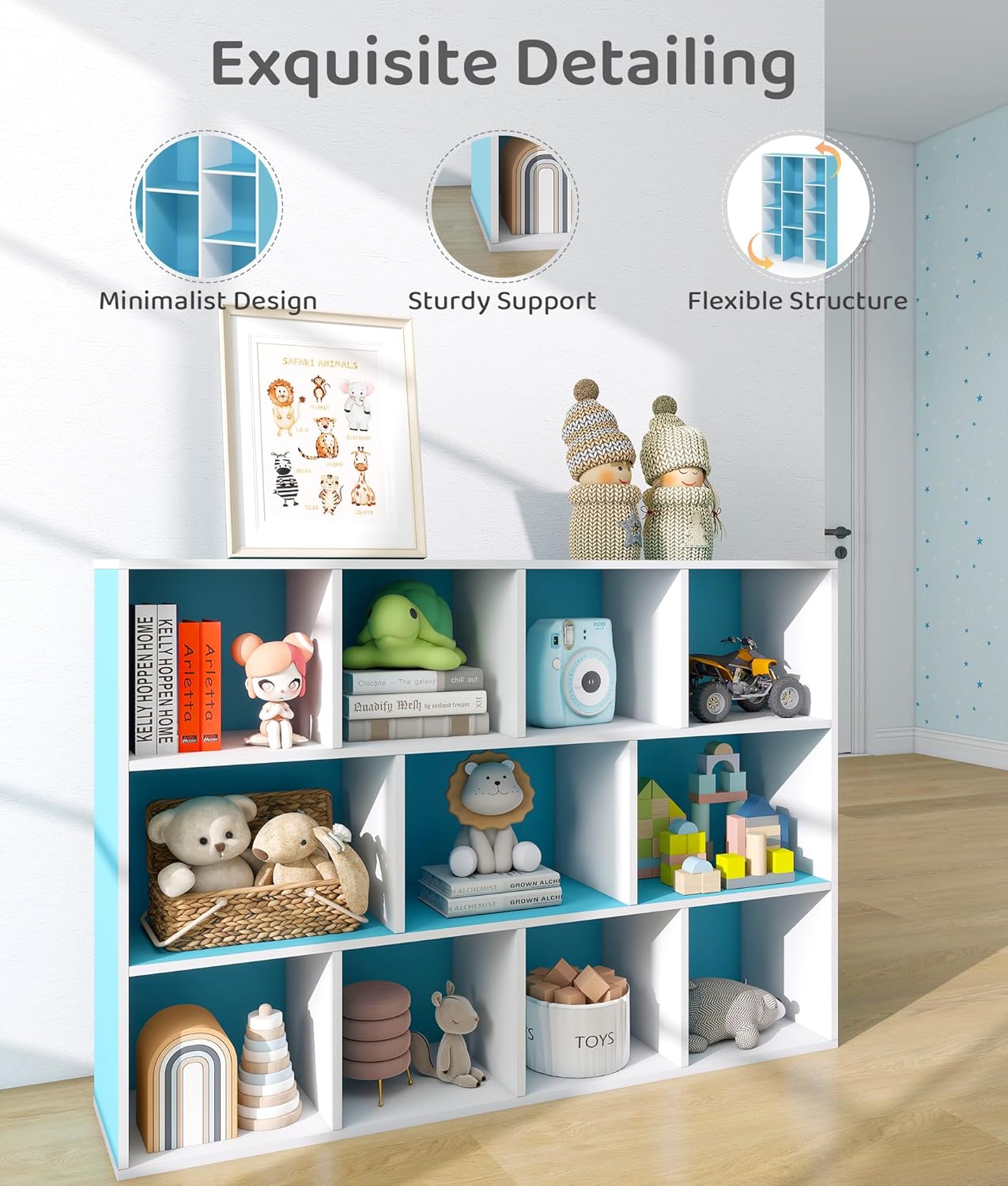 11-Cube Blue Kids Bookshelf and Toy Organizer – Wooden Storage Shelf for Boys Bedroom, Open Cube