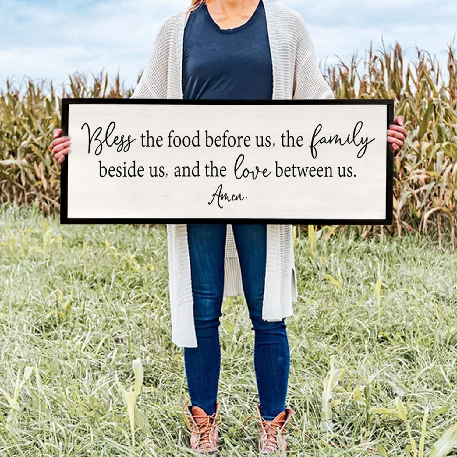 Bless the Food Before Us Sign Wall Decor 40"X15" Large Farmhouse Dining Room Wall Decor Framed Wood
