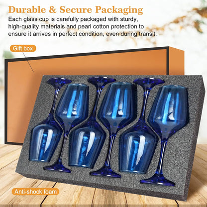 Blue Wine Glasses Set of 6-14oz Blue Long Stem Wine Glass, Pretty Crystal Glassware, Hand Blown