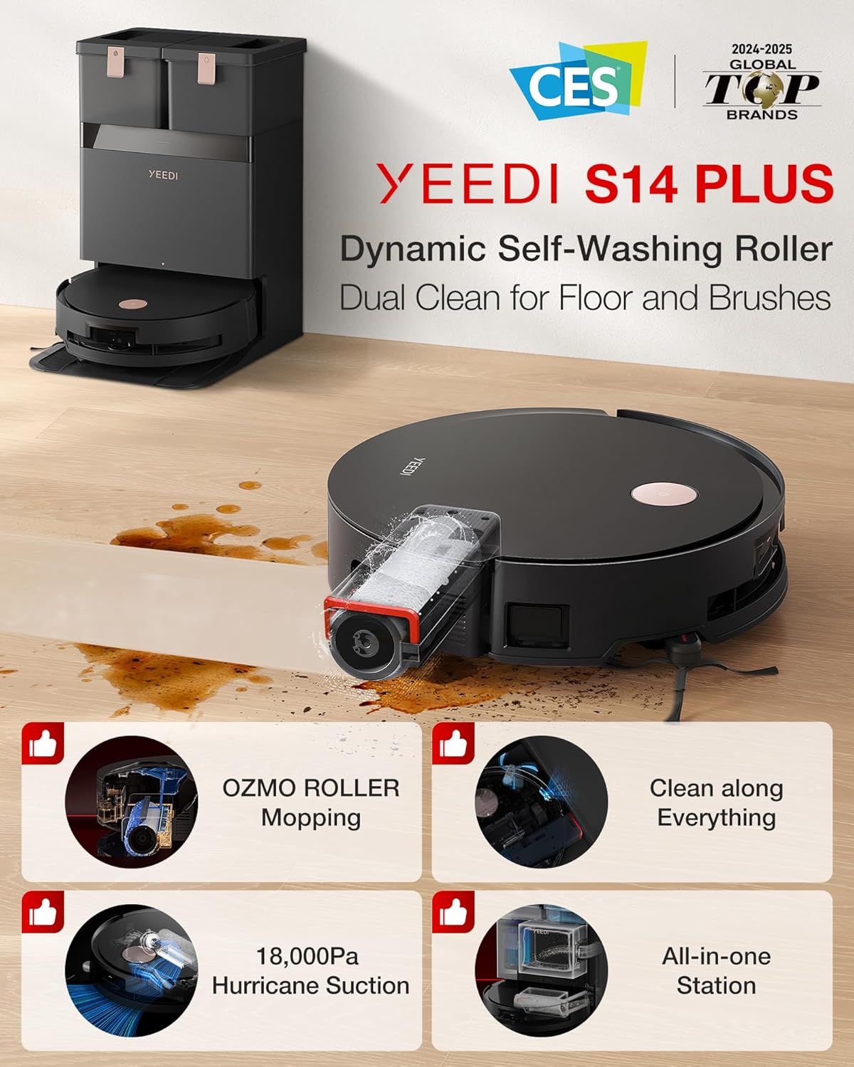 Yeedi S14 Plus Robot Vacuum and Mop, 18,000Pa Suction, OZMO Roller Mopping, ZeroTangle 2.0, TruEdge