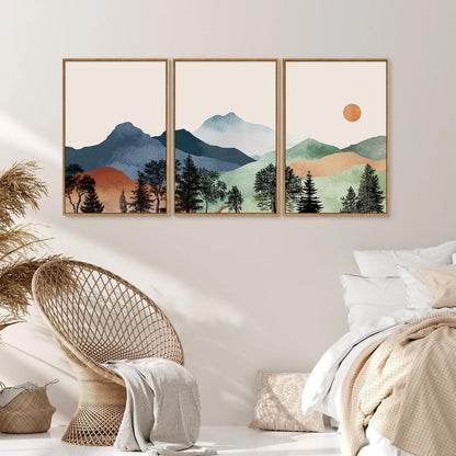 SIGNINART Boho Mountain Framed Canvas Wall Art Set of 3, Watercolor Nature Landscape Set Art