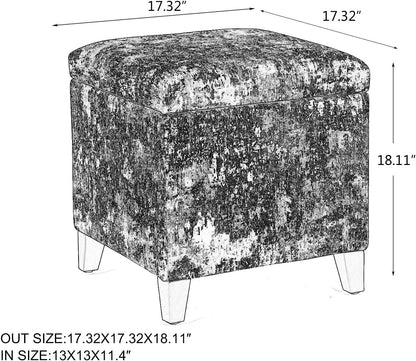 Adeco 18 Inch High Cube Ottoman Storage, Linen Chair Foot Stools, Upholstered Vanity Stool with