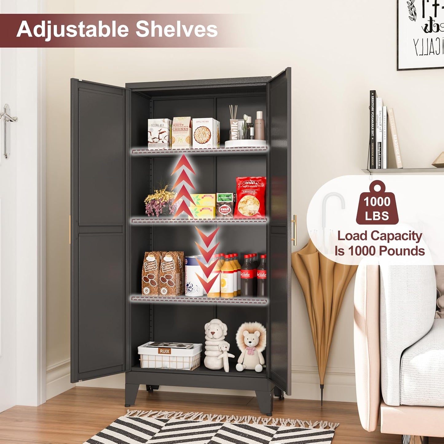 Metal Pantry Cabinet with 2 Doors and Adjustable Shelves, Kitchen Storage cabinets with Gold