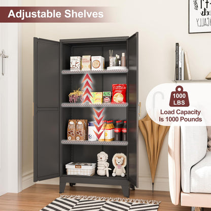 Metal Pantry Cabinet with 2 Doors and Adjustable Shelves, Kitchen Storage cabinets with Gold