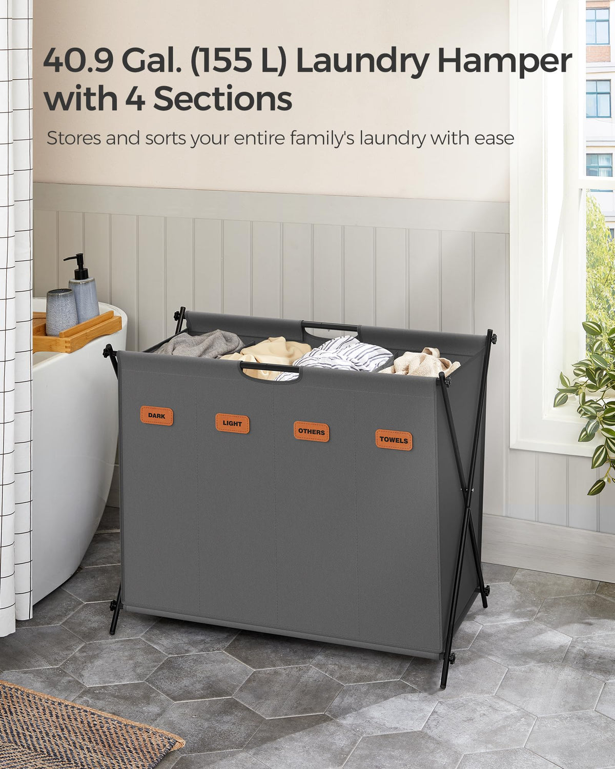 SONGMICS Laundry Hamper, Laundry Basket, 40.9 Gal. Laundry Sorter 4 Sections, Collapsible X-Frame