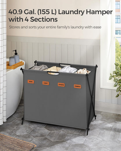 SONGMICS Laundry Hamper, Laundry Basket, 40.9 Gal. Laundry Sorter 4 Sections, Collapsible X-Frame