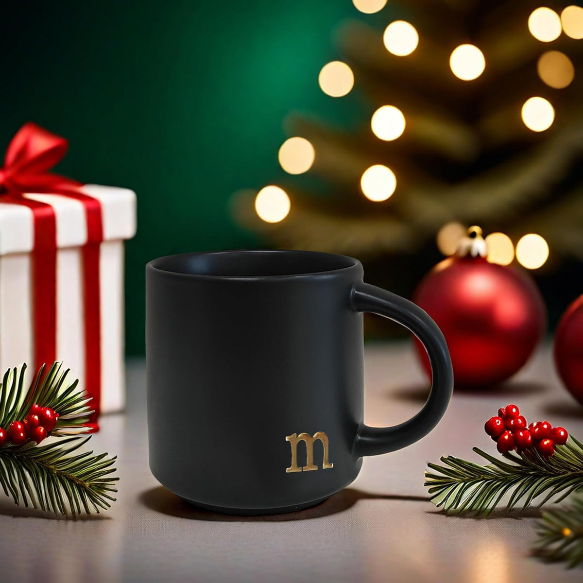 COLLECTIVE HOME - Black Monogram Ceramic Mugs, 15 oz Golden Initial Coffee Cups, Elegant Alphabet