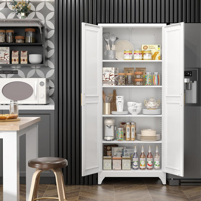 Kitchen Pantry Cabinet,75”White Metal Storage Cabinets with Doors and 4 Adjustable Shelves,Kitchen