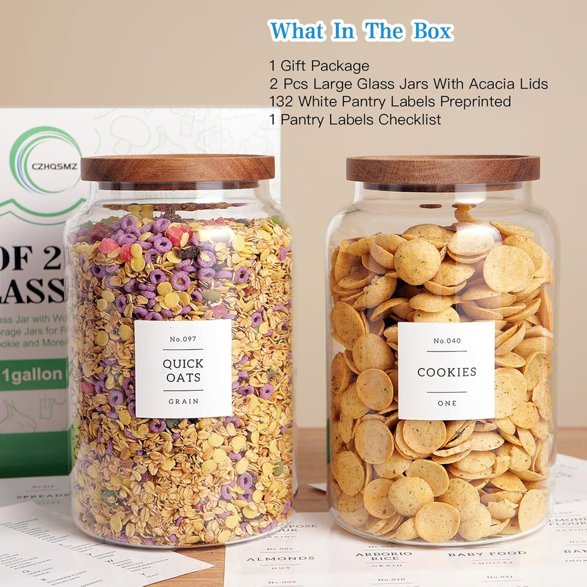 Set of 2 Large Glass Flour and Sugar Containers with 132 Pantry Labels - Glass Food Storage Jars