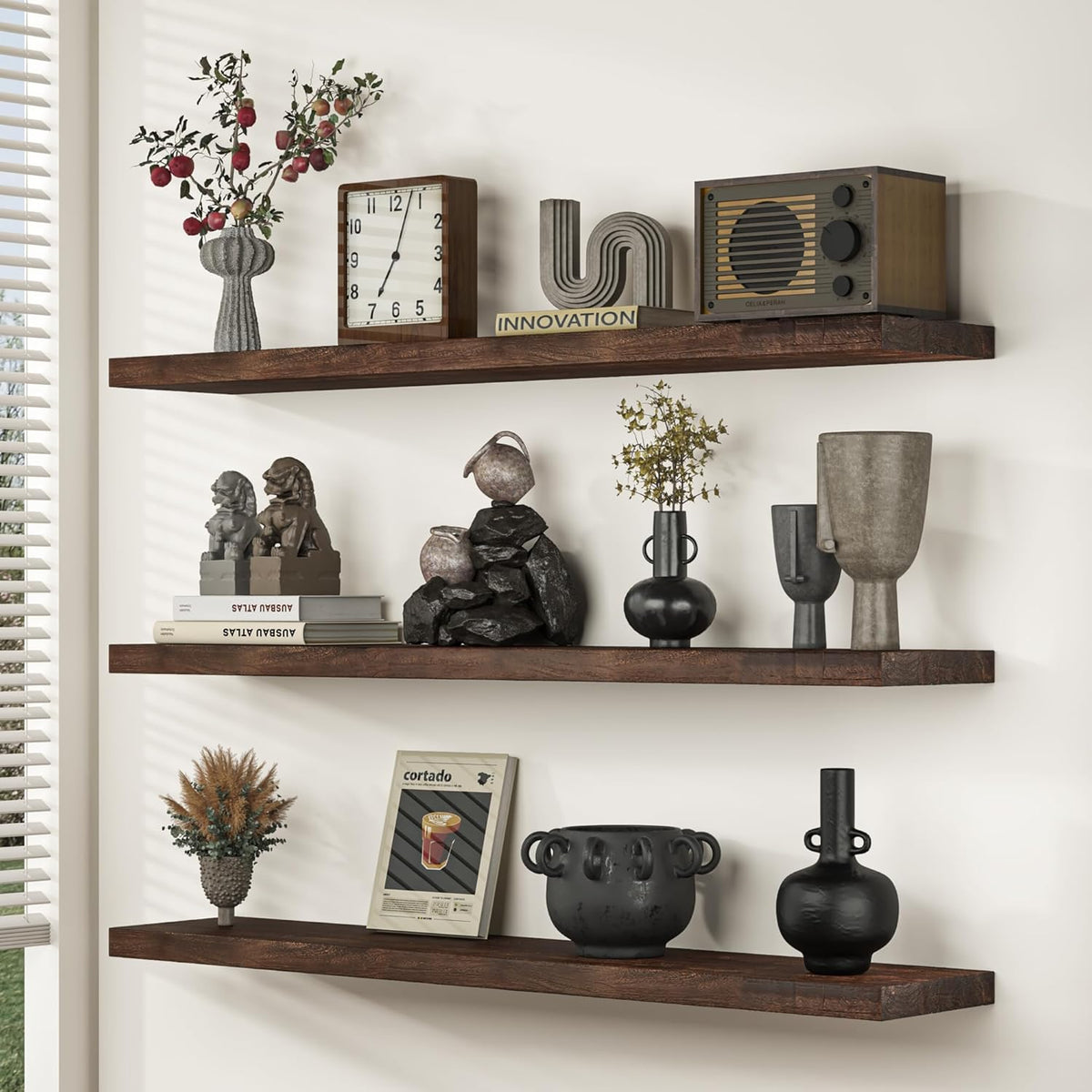 Floating Shelves for Wall, 32" Flat Edge Solid Elm Wood Floating Shelf, Wall-Mounted Display