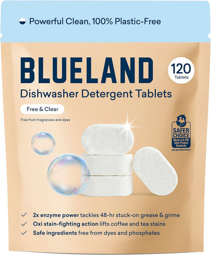 BLUELAND Dishwasher Detergent Tablets, 120 Count, Unscented 100% Plastic-Free Eco Friendly