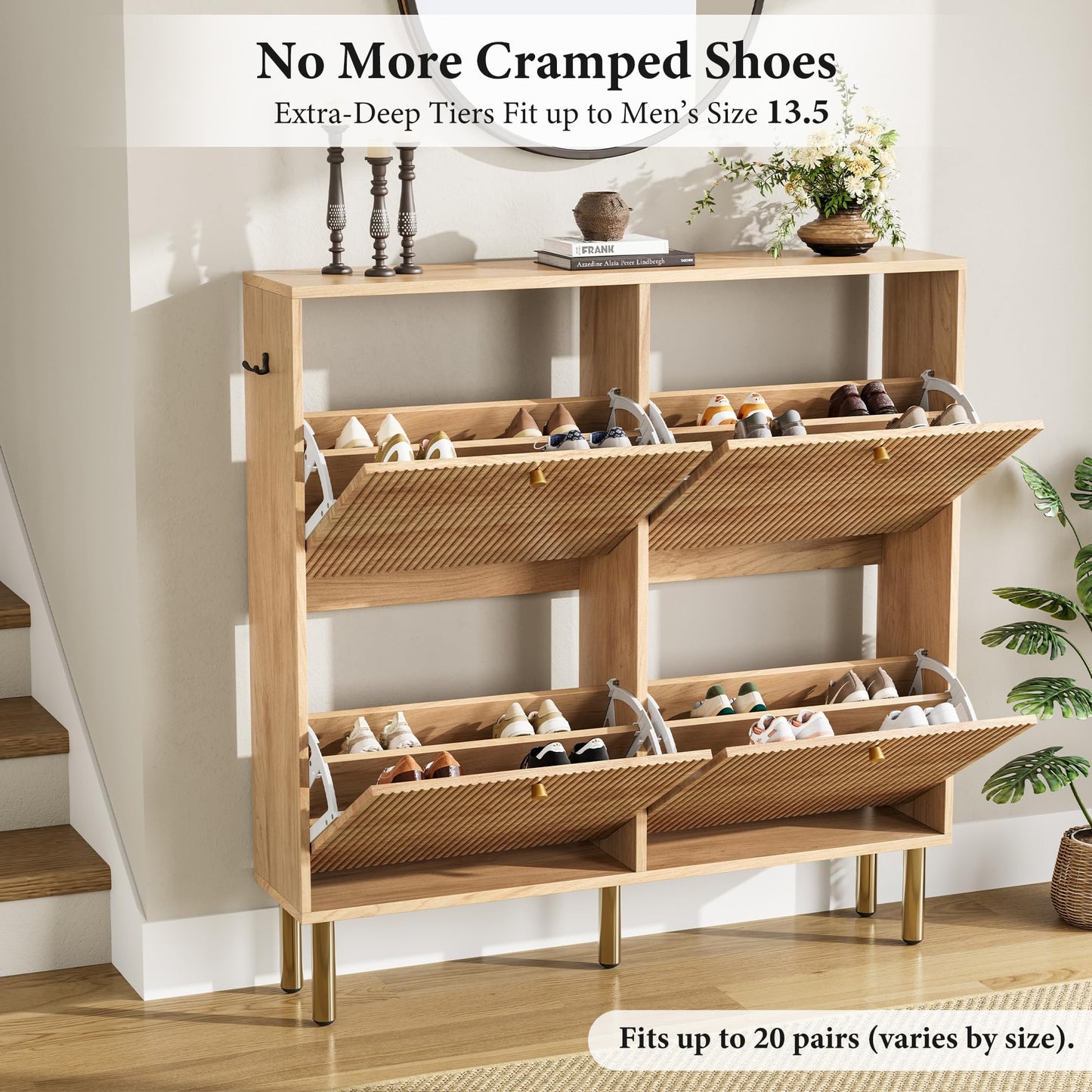 Nicetree Shoe Storage Cabinet for Entryway - Ultra Slim Shoe Cabinet with Tiered Fluted Design