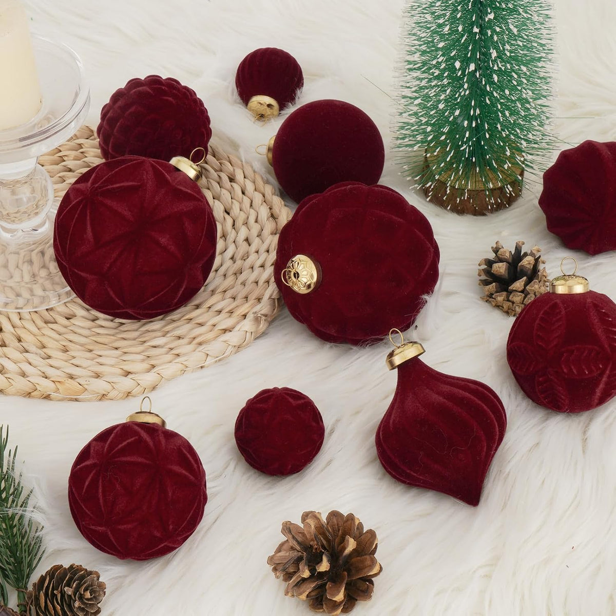46PCS Velvet Christmas Ball Ornaments Set, Flocked Shatterproof Xmas Tree Decor, Assorted Hanging