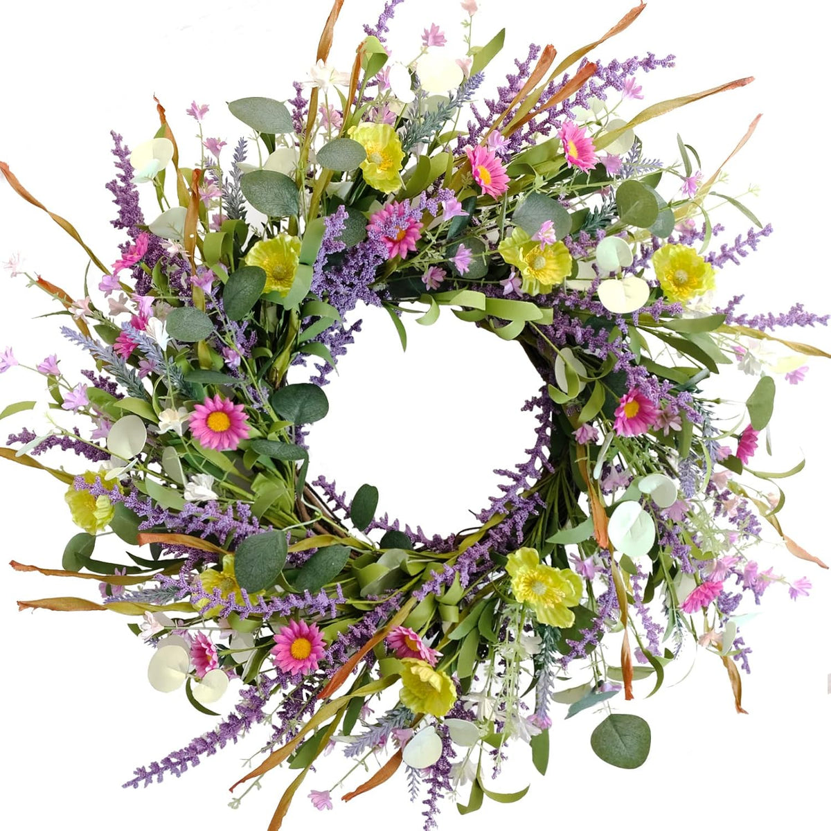 Idyllic 20 Inch Spring Summer Wild Flower Artificial Daisy Front Door Wreath, Everyday Greenery