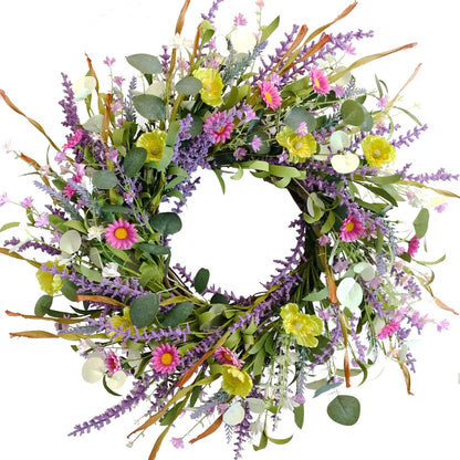 Idyllic 20 Inch Spring Summer Wild Flower Artificial Daisy Front Door Wreath, Everyday Greenery